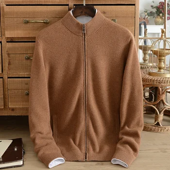Nový čistý cashmere sveter pánske zimné stand-up golier na zips, cardigan vrecko zosilnené teplý sveter bežné bunda v strednom veku