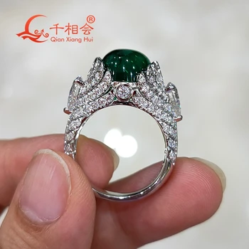 Oválne zelená farba emerald anjel krídla 10*12mm 925 strieborný prsteň Vytvorený Hydrotermálne Emerald melee biele Svadobné moissanite