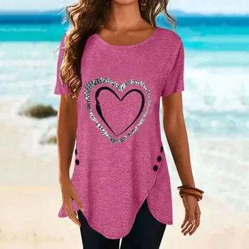 Dámske Tuniky Dlhá Blúzka Vrchole Letné Srdce Tlače Tlačidlo Panel Krátky Rukáv T Shirt Holiday Beach Bežné Topy FemaleY2K Oblečenie
