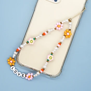 Go2Boho Smajlíka Mobile Kúzlo Reťazca Módne Šperky ľúbostný List Daisy Kvet Faux Perly Korálkové ozdobná šnúrka na uniforme pre Mobilný Telefón Ženy