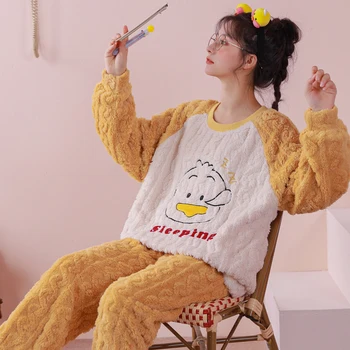 Flanelové Zime Teplé Žien Sleepwear kórejský Cute Pyžamo vyhovuje spánku topy dlhé nohavice Domov vyhovovali Cartoon odev conjunto femen