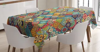 Geometrický Vzor S Okrasné Kvetinové Ľudové Umenie Abstraktné Obdĺžnikový Stôl Kryt Pre Jedáleň, Kuchyňa Decor