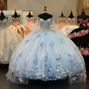 Svetlo Modré Dlhé Rukávy Quinceanera Šaty s 3D Appliqued Ramena Sprievod Plášte vestidos de 15 años