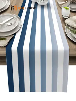Geometrické Stripe Blue Gradient Pop Bavlnená posteľná Bielizeň Stôl Runner pre Svadobné Party Konferenčný Stolík Moderný Dekor Domácej Kuchyni Obrus