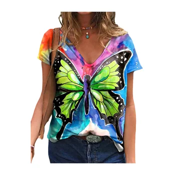 Nový štýl krátke rukávy art butterfly žien olejomaľba 3D vytlačené T-shirt Lete tvaru ležérne módne voľné roztomilý T-shirt Fe