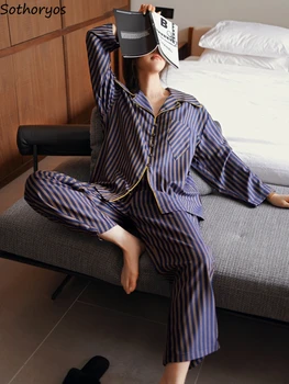 Pajama Sady Ženy Prekladané Dizajn Osobnosti Útulný Fialová Japonský Štýl Jednoduchý Moderný Bedrový Retro Tvorivosti Jeseň Sleepwear