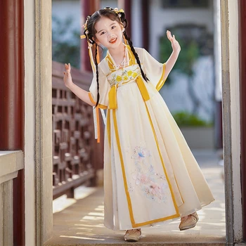 Dievčatá Víla Hanfu Jar a na Jeseň Roztomilý Šaty Lepšiu Príchuť Šaty Dávnych Princezná Šaty Čínsky Štýl, detské Oblečenie