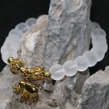 Gold-farba slon prívesok hot predaj šperkov, takže pre ženy náramok matný matný biely crystal 8 mm okrúhle korálky 7.5inchB2158