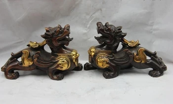 Čínsky Fengshui Bronzové Pozlátené Guardian PiXiu Foo Pes, Lev Zviera Kylin Dragon Pár