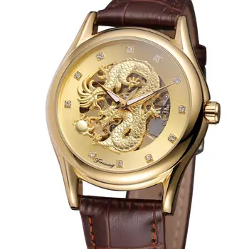 FOSINING SLEDUJTE Fashion ležérne pánske hodinky dragon vyrezávané zlato prípade zlata dial hnedý pásik automatické mechanické hodinky