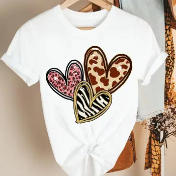 Ženy T Tee Leopard Láska Srdce Roztomilý Módne Celkom Pekné Tričko Krátky Rukáv Lady Tlač Karikatúra Grafiku Top Bežné T-shirt