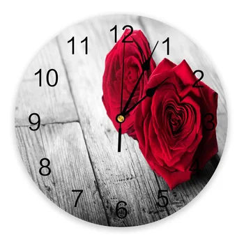 Ruže Kvet Červený Láska Drevené Dosky Nástenné Hodiny Moderný Dizajn, Tichý, Spálne, Obývacia Izba Dekorácie Kolo Visí Hodiny