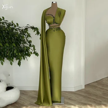 Xijun Zelená Morská Víla Šaty Ples Lištovanie Crystal Šatkou Jedného Pleca Skladaný Večer Party Šaty V Saudskej Arábii Vestidos De Gala