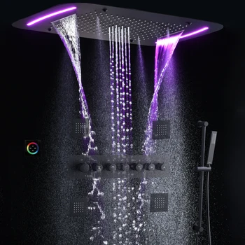 Matte Black LED Skryté Sprcha Nastaviť Termostatické Batérie, Vodopád Zrážok S tlakom Ručné Sprchy