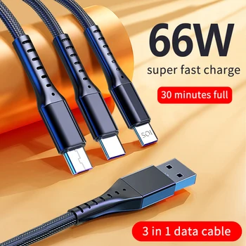 3 v 1 Kábel USB 66W Rýchle Nabíjanie Pre iPhone 13 12 Pro Max Xiao Huawei Samsung Mobilný Telefón Kábel Trojuholník Nabíjací Kábel