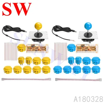 Modrá so Žltým 2 hráč DIY Arcade Súpravy pre PC USB Encoder + Sanwa Štýl Ovládač s PCB Dosky + 30 mm/24 mm Arcade Tlačidlá