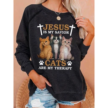 Rheaclot Zábavné Ježiš Je Môj Spasiteľ Mačky Sú Moje Terapie Mačka Text Písmená Tlač Žien Príčinné Bavlnená Mikina