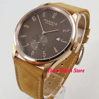Parnis 42mm 5ATM ST 1731 Automatické pánske hodinky golden Rose prípade kávy dial dátum koženým remienkom vodotesné 957