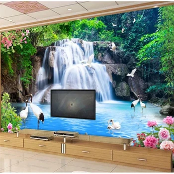 wellyu Vlastnú tapetu nástenné maľby módne domáce dekorácie žeriav pivónia vodopád vodné krajinu stereo 3D TV pozadí na stenu