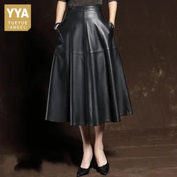 Elegantné Dámy Vintage Plesové Šaty Polovici Teľa Dlhé Sukne Z Ovčej Pravej Kože Sukne 2022 Ženy, Vysoký Pás Skladaná Sukňa