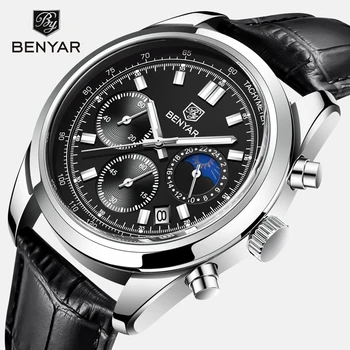 BENYAR 2021 pánske Hodinky Top Značky Luxusné Náramkové hodinky Quartz Mužov Sport Chronograf Vojenské Kožené Fázy Mesiaca Svetelný Relogio