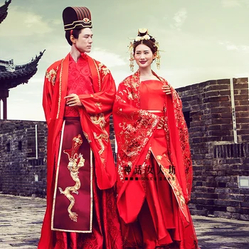 Starožitný svadobné šaty Pre zahraničných Čínske páry Šaty Župan dragon Phoenix zodpovedajúce muži ženy červená výkon Kráľovské Oblečenie