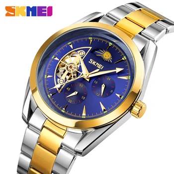SKMEI Nehrdzavejúcej Ocele Muži Mechanické Hodinky Luxusné Obchodné Originálny Dizajn Skeletu Duté Automatické náramkové hodinky Heren Horloge