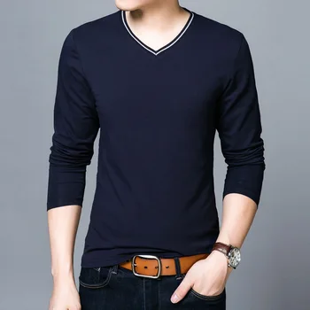 2022 nové pánske jar V golier T-shirt, mládež kórejský Edition, bavlna, dlhý rukáv T-shirt značky, pánske bežné pánskeho oblečenia tide