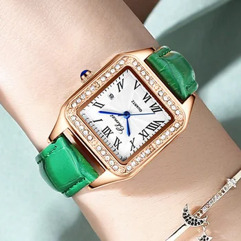 Reloj Mujer Chenxi Dámske Hodinky Módne Crystal Námestie Sledovať Ženy Zelená Pravej Kože Band Auto Dátum Náramkové Hodinky Quartz