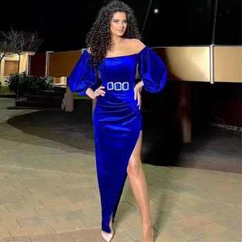 Kráľovská Modrá Morská Víla Velvet Večerné Šaty 2022 Mimo Rameno Dlhé Rukávy Arabčina Prom Šaty Dubaj Formálnej Strany Šaty