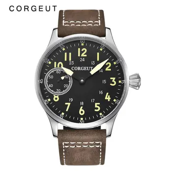 Corgeut 44 mm Módne Kože Svetelný Mechanické Ručné Navíjanie Sledovať 17 Šperky Seagull ST3600 6497 pohyb, Šport Mužov Náramkové hodinky