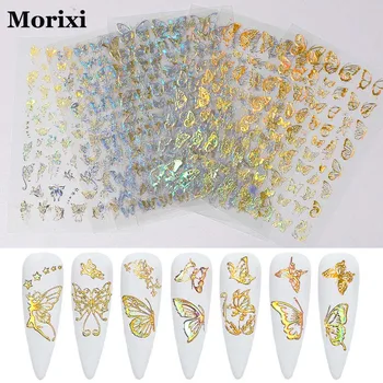 Morixi nail art nálepky motýľ vzor zlato strieborné laser fólie DIY 3D, manikúra dekorácie ultra tenké nechty, nálepky MZ302