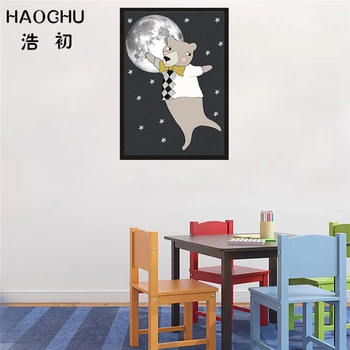 HAOCHU Moderné Kawaii Hravé Chlapec Medveď Zvierat Dekoratívne Maľby Na Plátne Moon Star Stenu Obrázok, Nordic Plagát Detská Izba
