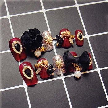 Royal štýl Vintage červené víno s magnetom čierny kvet 3D falošné nechty, Japonská čistý farebný UV gél false nechty lady gél na nechty, tipy