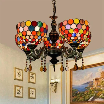 Barokový Vintage Tiffany Luster Svetlá, vitráže Tienidlo Lampy 5 Svetiel Svetiel Prívesok Poukazuje na Obývacia Izba, Spálňa