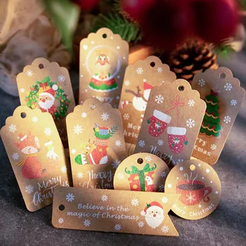 Vianočné Ozdoby Darček Značky Kraft Papier Santa Claus Snehuliak Vzor Strana Remesiel Darčekové balenia Závesné Štítky S Lanom 50pcs