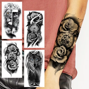 Kvet Kompas Dočasné Tetovanie Pre Ženy, Dospelých Realistické Vlk, Lev Kompas Modlí Falošné Tetovanie Nálepky Predlaktie Tatoos Nohy